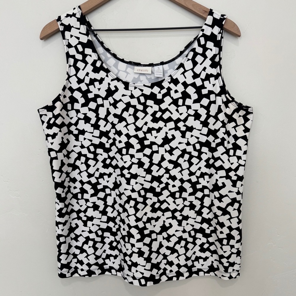 Chico's Black White Geometric Abstract Print Tank Top Scoop Neck XL Size 3 Work
